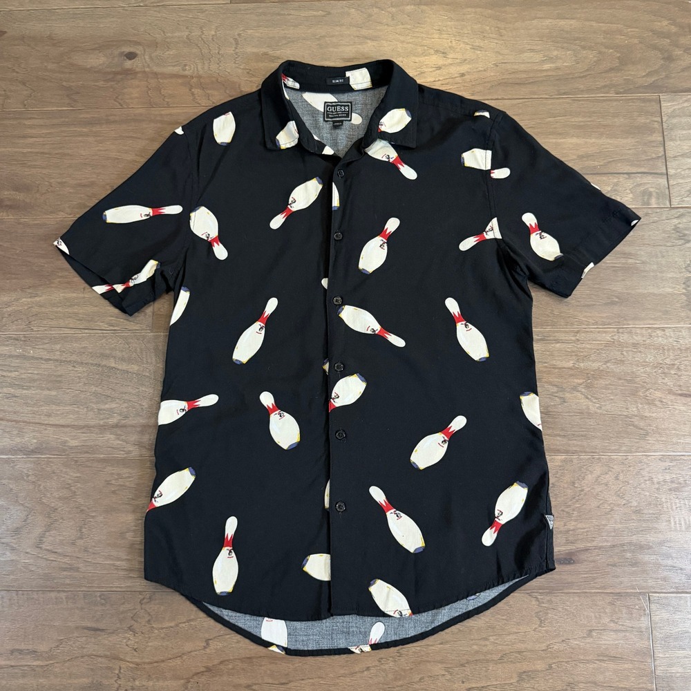 Guess Mens Slim Fit‎ Bowling Pin Short Sleeve Rayon Shirt Black S M0YH56RD4Z0